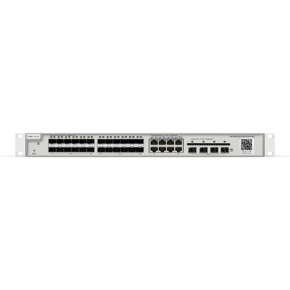 Uno switch di rete argentato con 24 porte SFP e 4 porte RJ45.