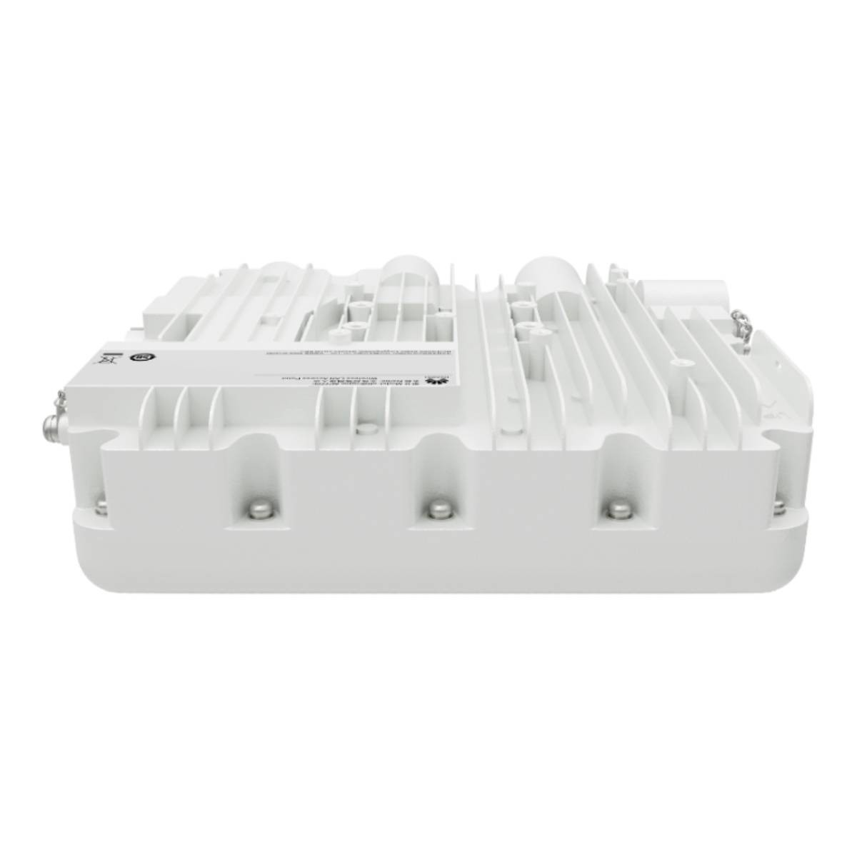 Punto di accesso wireless esterno bianco con alette di raffreddamento e viti visibili.