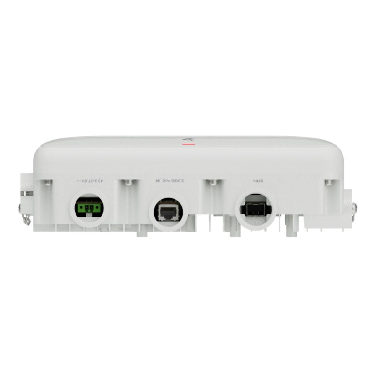 Dispositivo elettronico bianco con porte: ingresso CC, 2,5GE/PoE IN, SFP+.