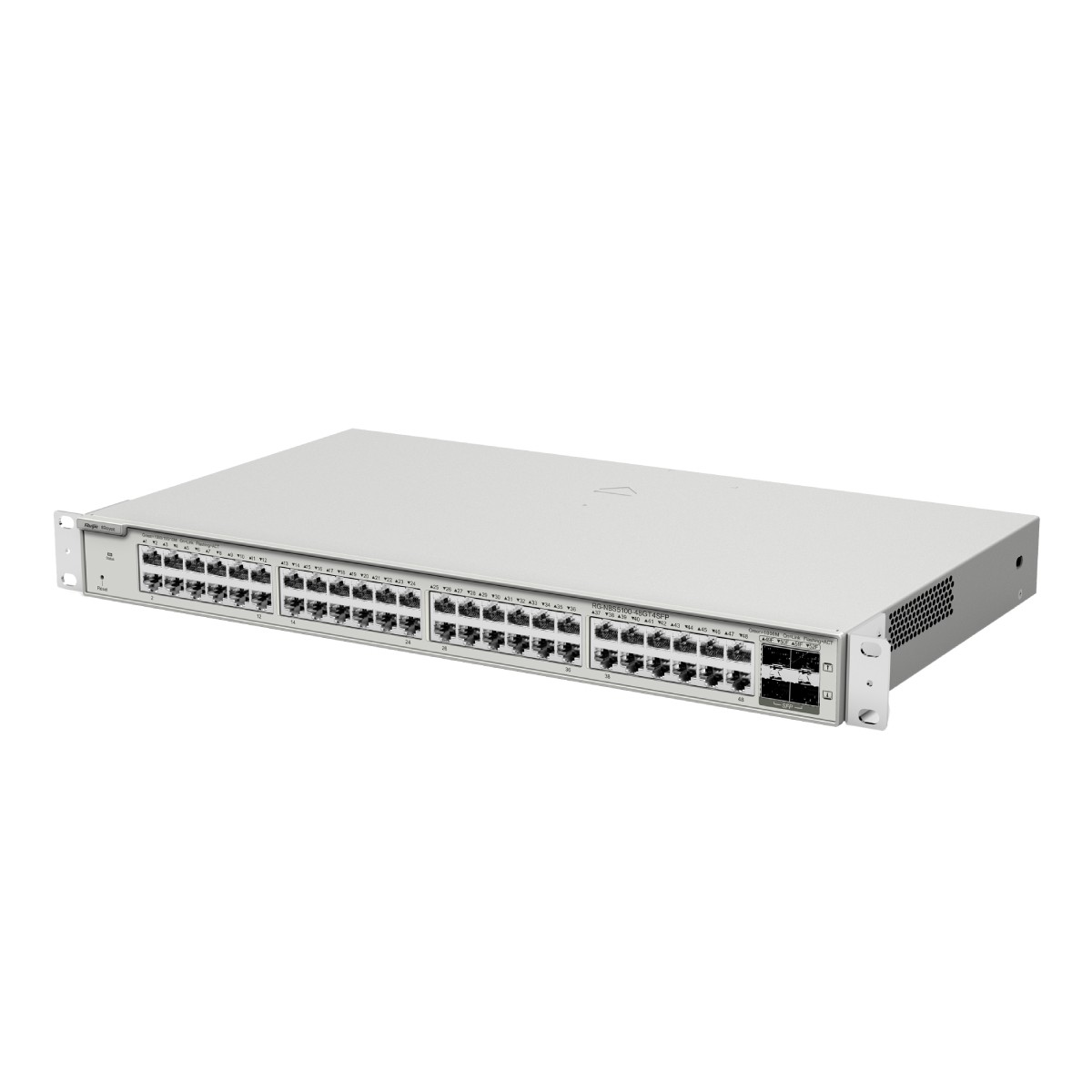 Un dispositivo switch di rete grigio con molte porte e prese d'aria.