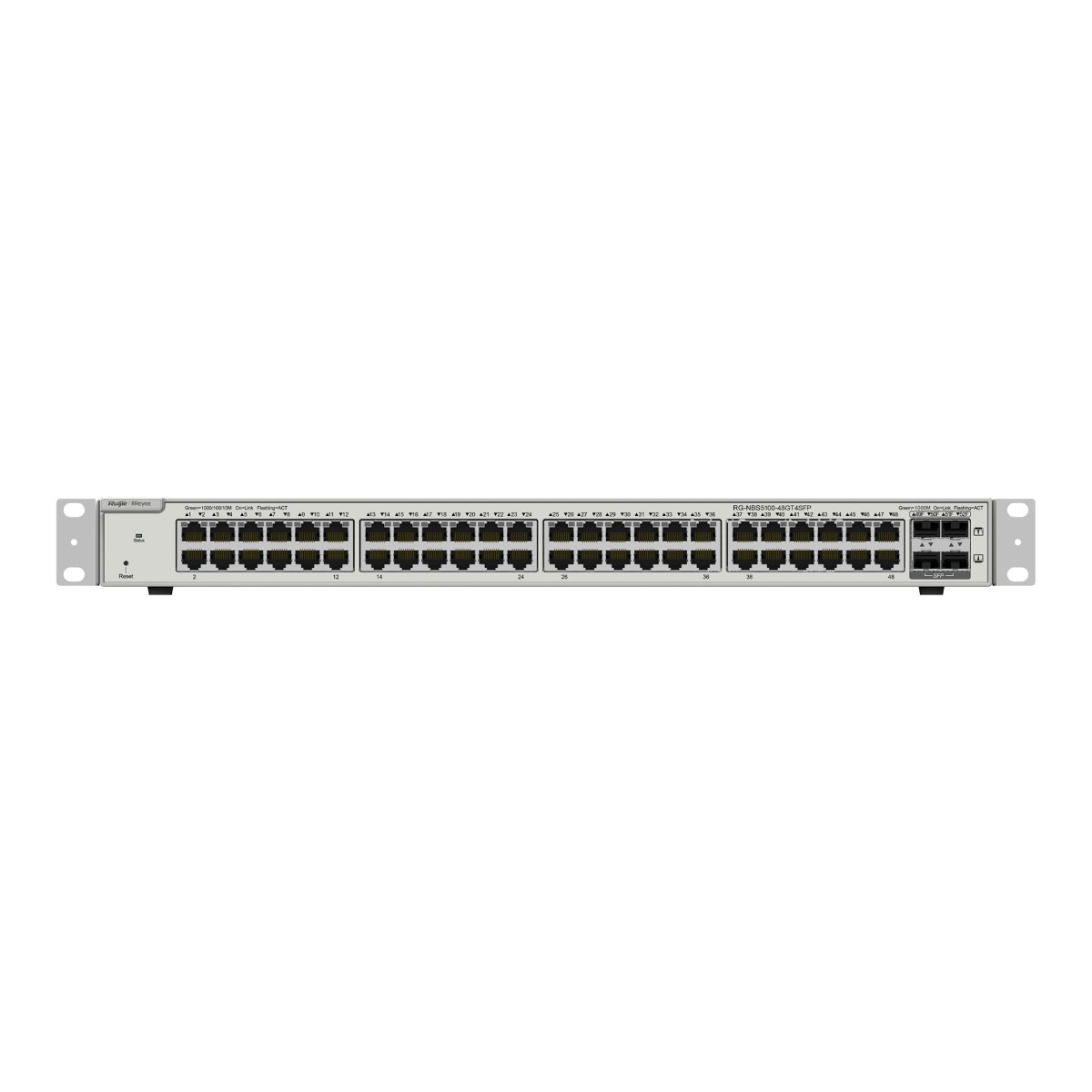 Uno switch di rete argentato con 48 porte e 4 porte SFP, montato su rack.