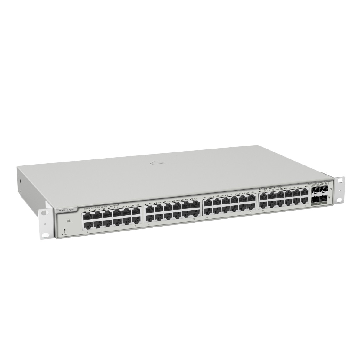 Switch di rete grigio con 48 porte e connettori SFP.