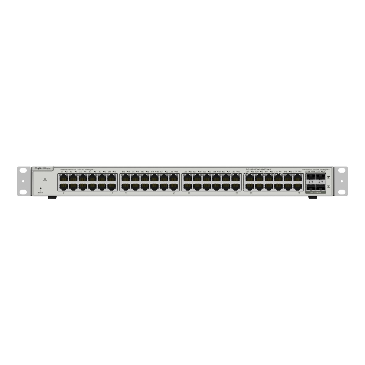 Uno switch di rete Ruijie Reyee con 48 porte Ethernet e 4 porte SFP.