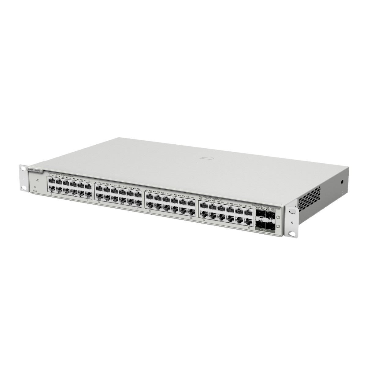 Switch di rete grigio con molte porte e LED.