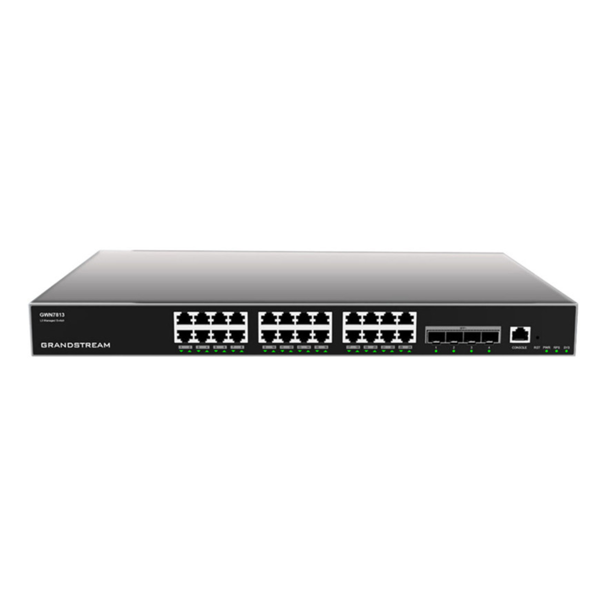 Uno switch di rete argentato con 24 porte e indicatori.