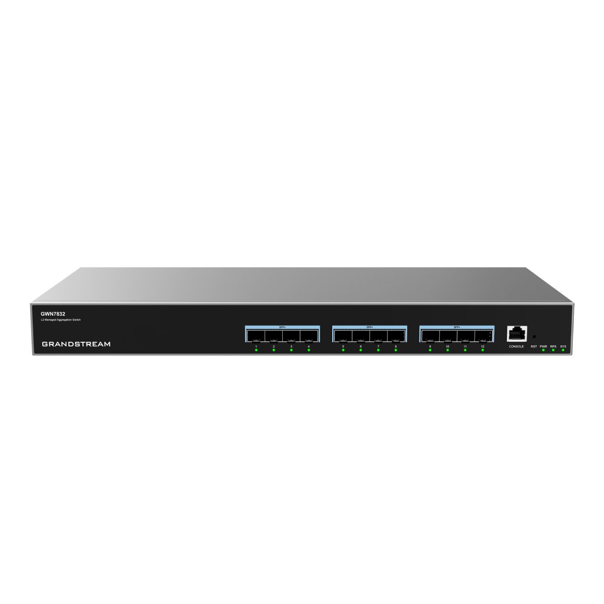 Uno switch di aggregazione gestito L3 Grandstream GWN7832 nero con porte SFP+ e LED.