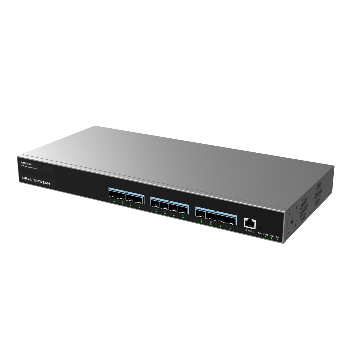 Uno switch di rete Grandstream argentato con 12 porte e LED verdi.