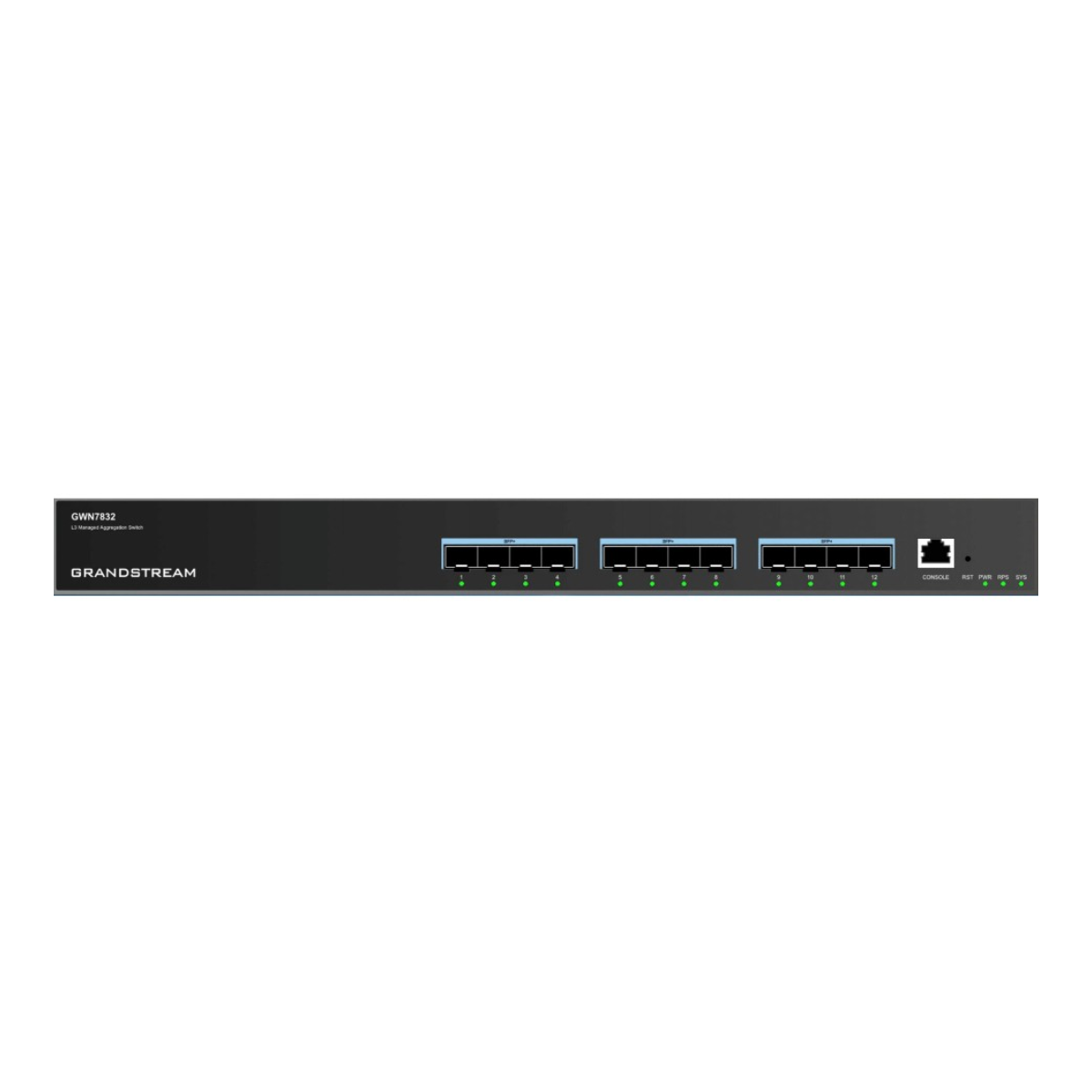 Switch di rete nero con 12 porte e logo Grandstream.