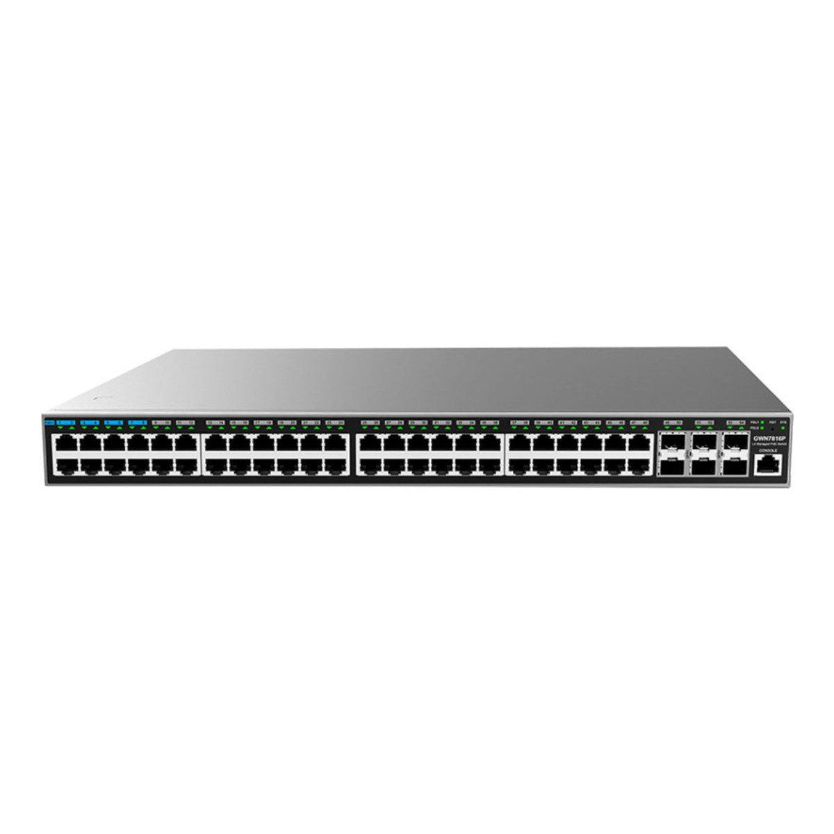 Uno switch di rete grigio con molte porte e spie è mostrato frontalmente.