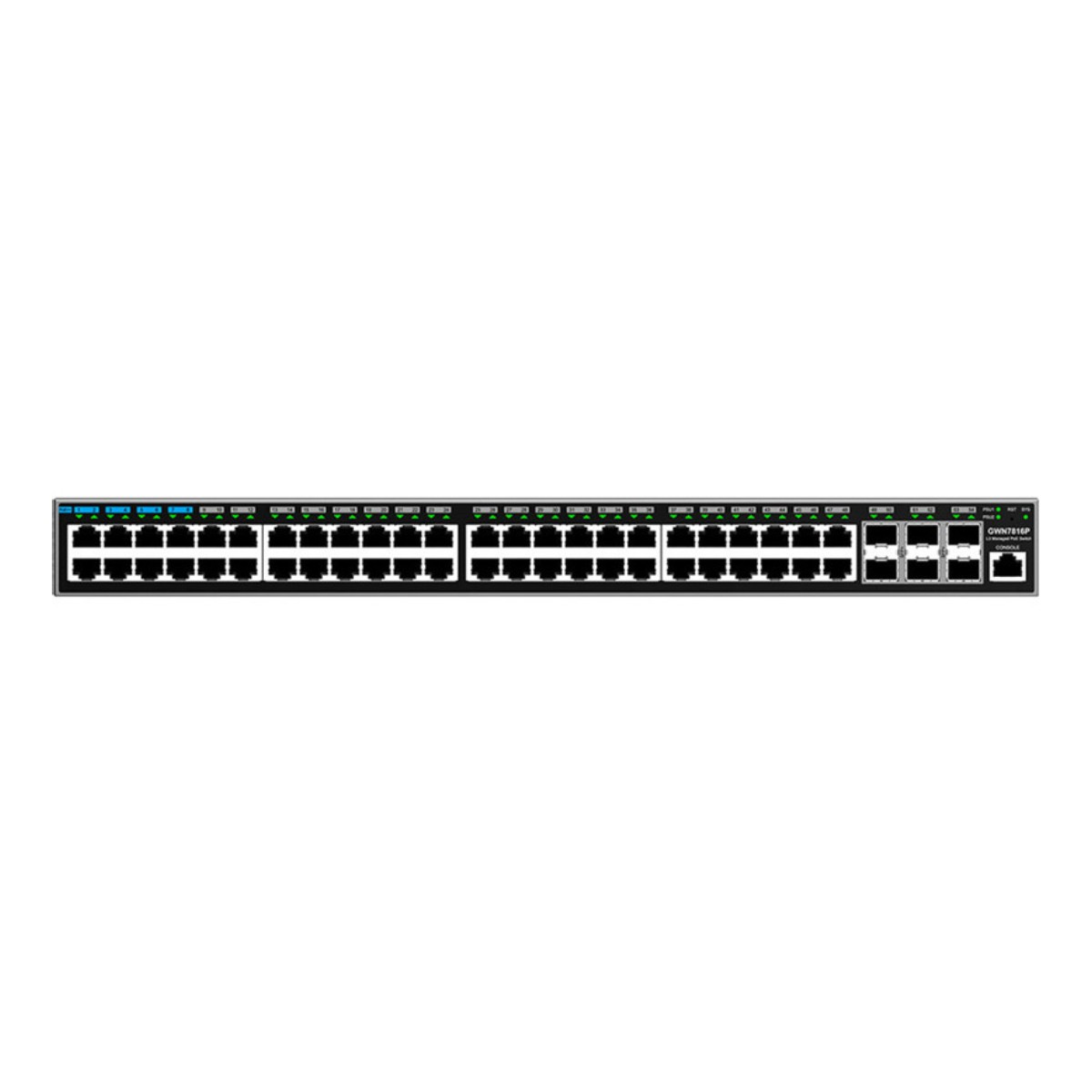 Uno switch di rete nero con molte porte e LED.