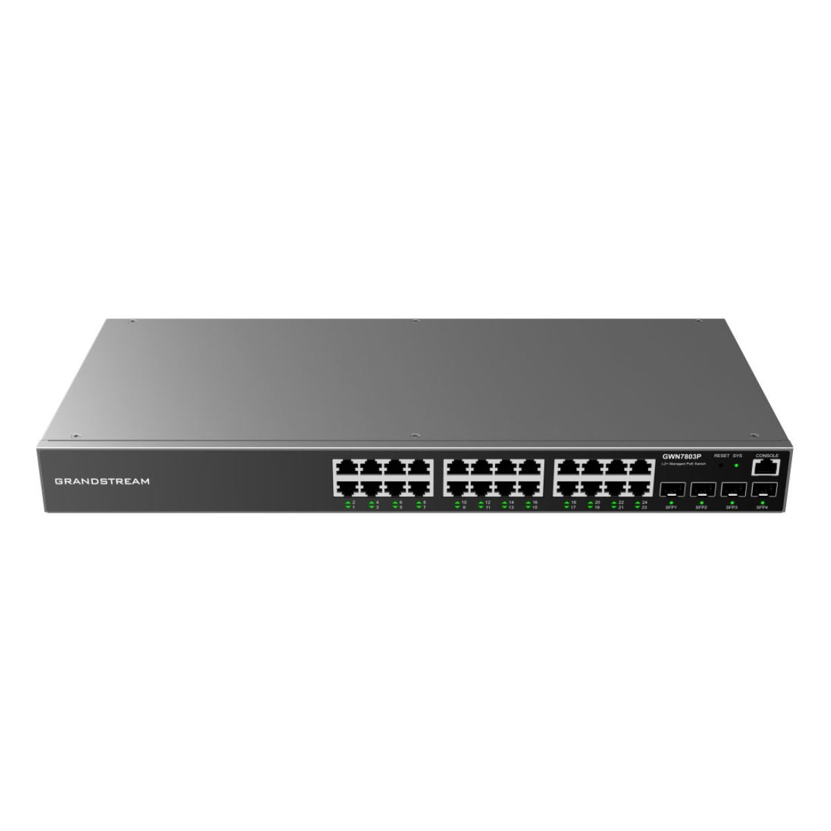 Uno switch di rete grigio ed elegante con numerose porte Ethernet e porte SFP.
