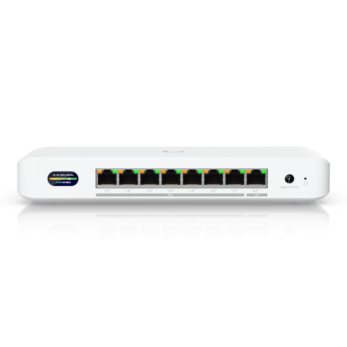 Uno switch di rete bianco con 8 porte e un indicatore di stato.