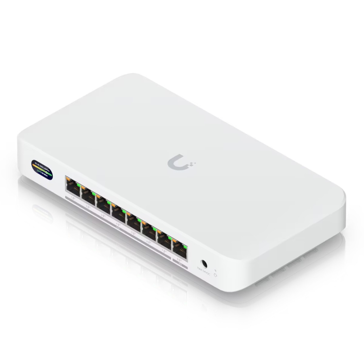Uno switch di rete bianco con 8 porte Ethernet e logo UI.