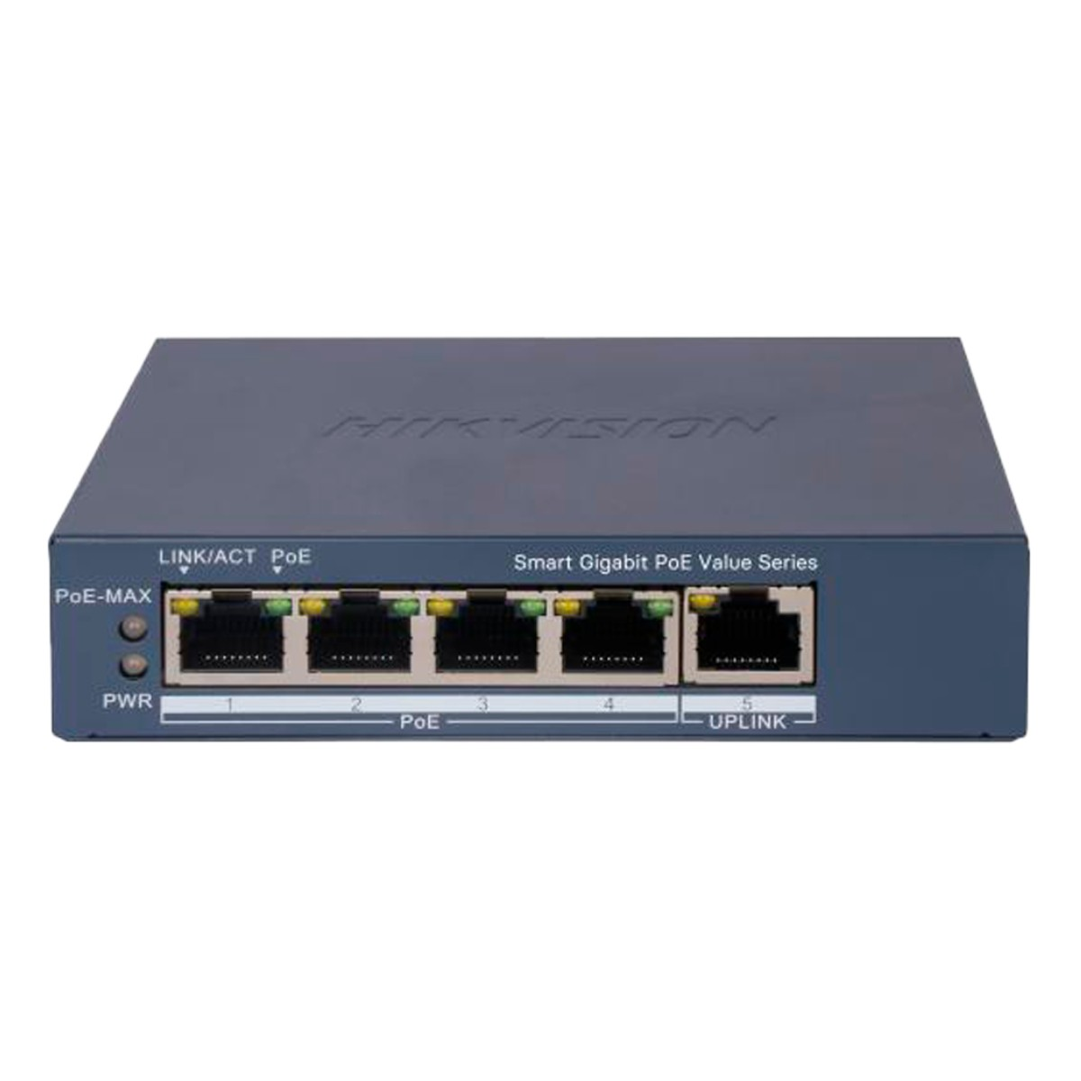 Uno switch Hikvision Smart Gigabit PoE grigio con 5 porte.
