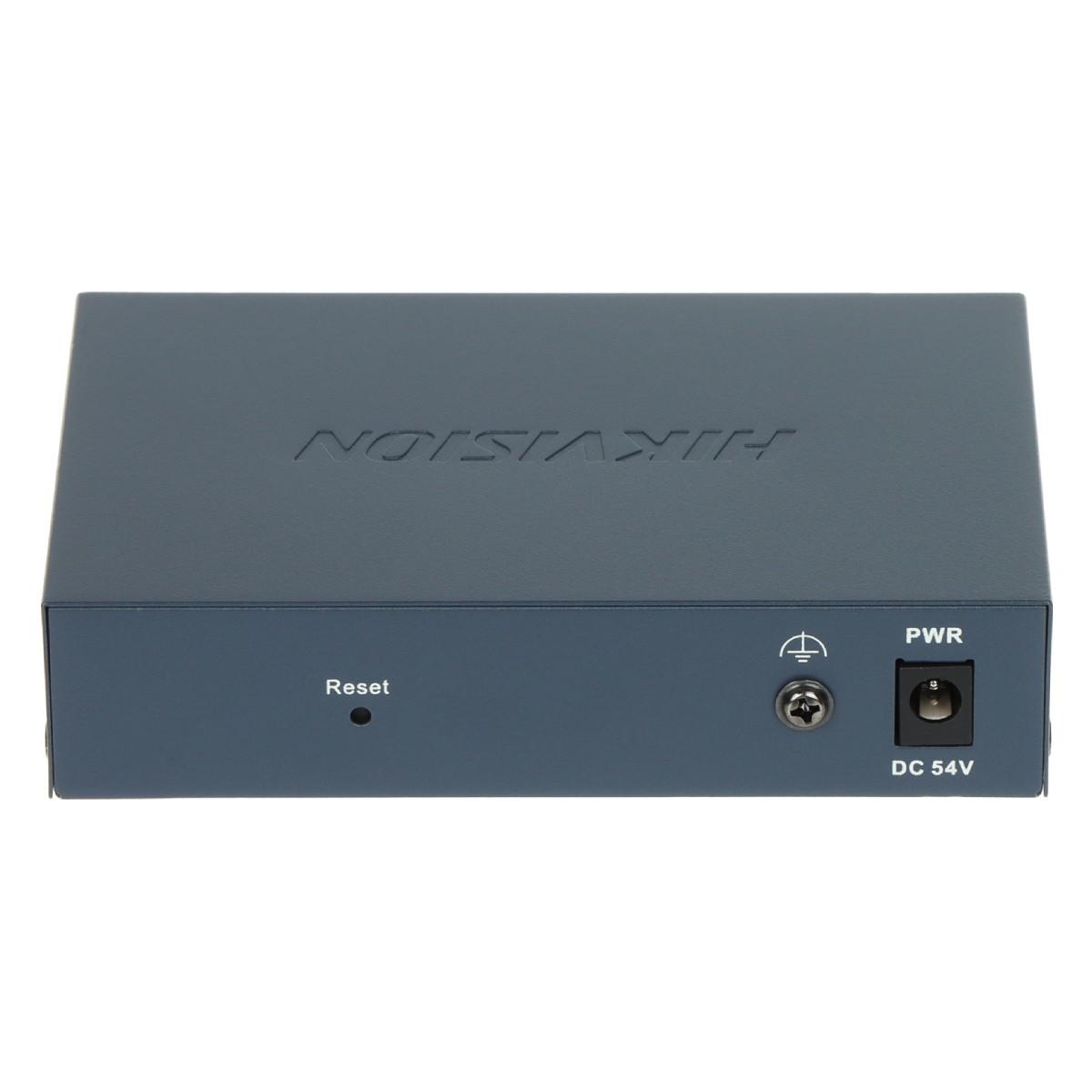 Dispositivo Hikvision blu con pulsante di reset e ingresso 54V CC.