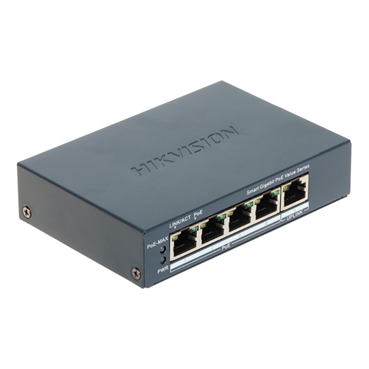 Uno switch PoE Gigabit Hikvision grigio a 5 porte con etichette e porte.