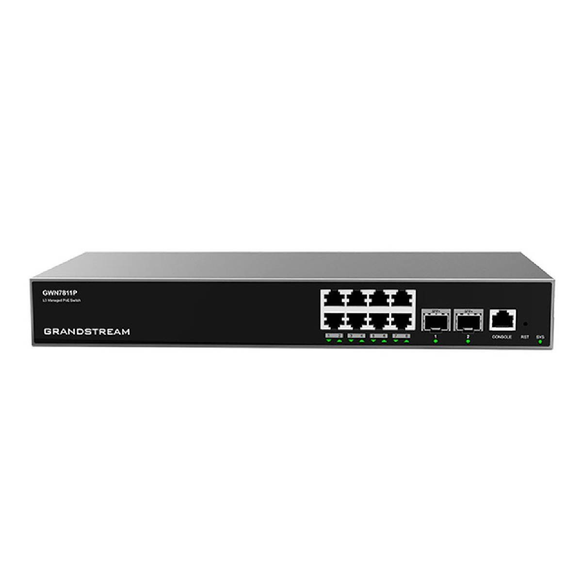 Uno switch PoE gestito Grandstream GWN7811P L3 nero con porte.