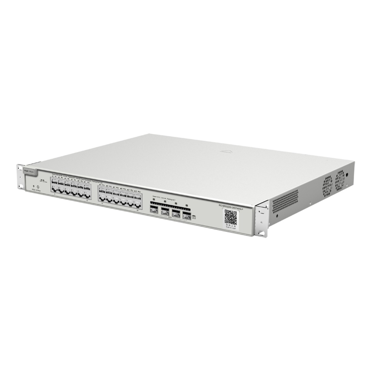 Uno switch di rete argentato con più porte e griglie di ventilazione su sfondo bianco.