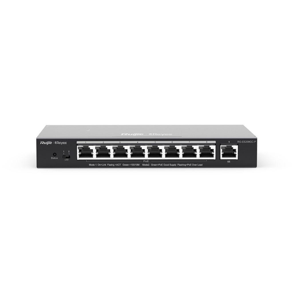 Ruijie logolu, 8 Ethernet portlu siyah ağ anahtarı.
