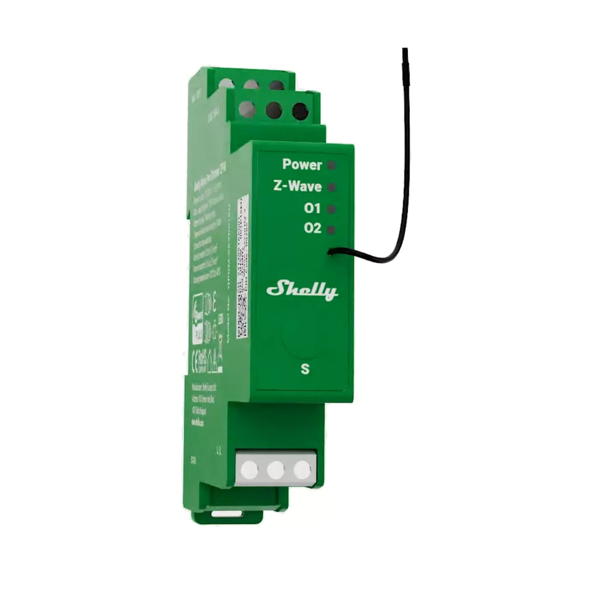 Modulo relè verde Shelly Z-Wave con terminali e LED di stato.