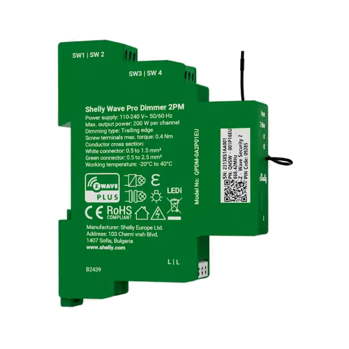 Dispositivo verde Shelly Wave Pro Dimmer 2PM con terminali e specifiche.