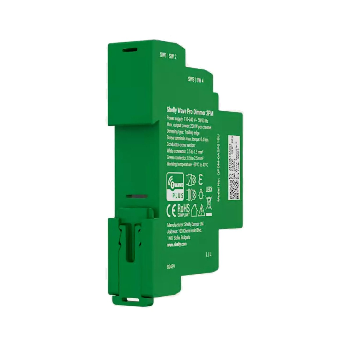 Dispositivo verde Shelly Wave Pro Dimmer 2PM con etichette e specifiche.