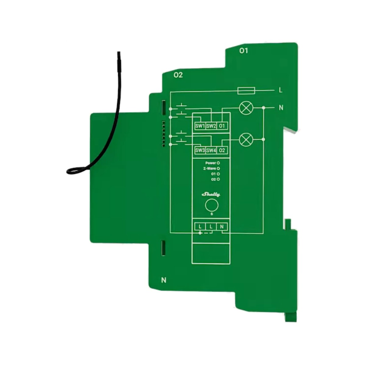 Modulo Shelly verde con schema elettrico, interruttori e morsetti.