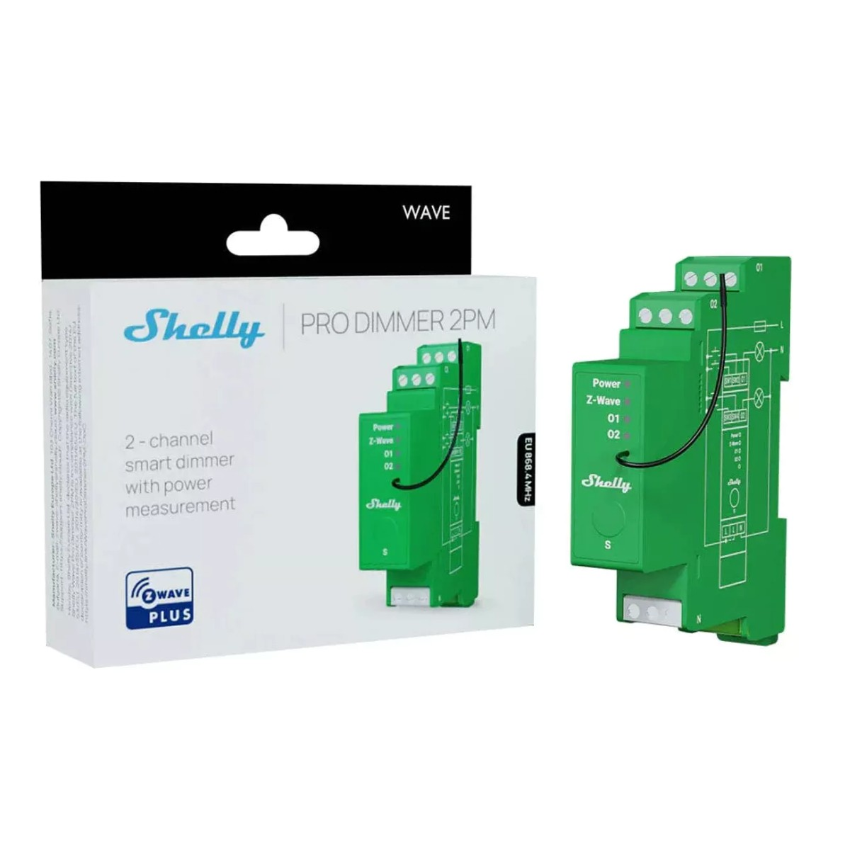 Dimmer Shelly PRO 2PM verde con confezione e dispositivo su sfondo bianco.