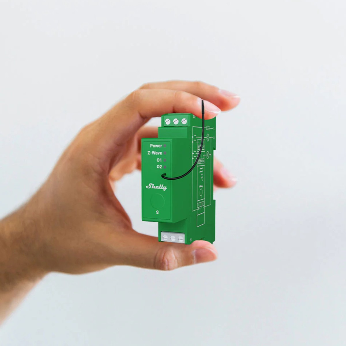 Una mano tiene un piccolo dispositivo di alimentazione verde Shelly Z-Wave con testo bianco e indicatori LED.