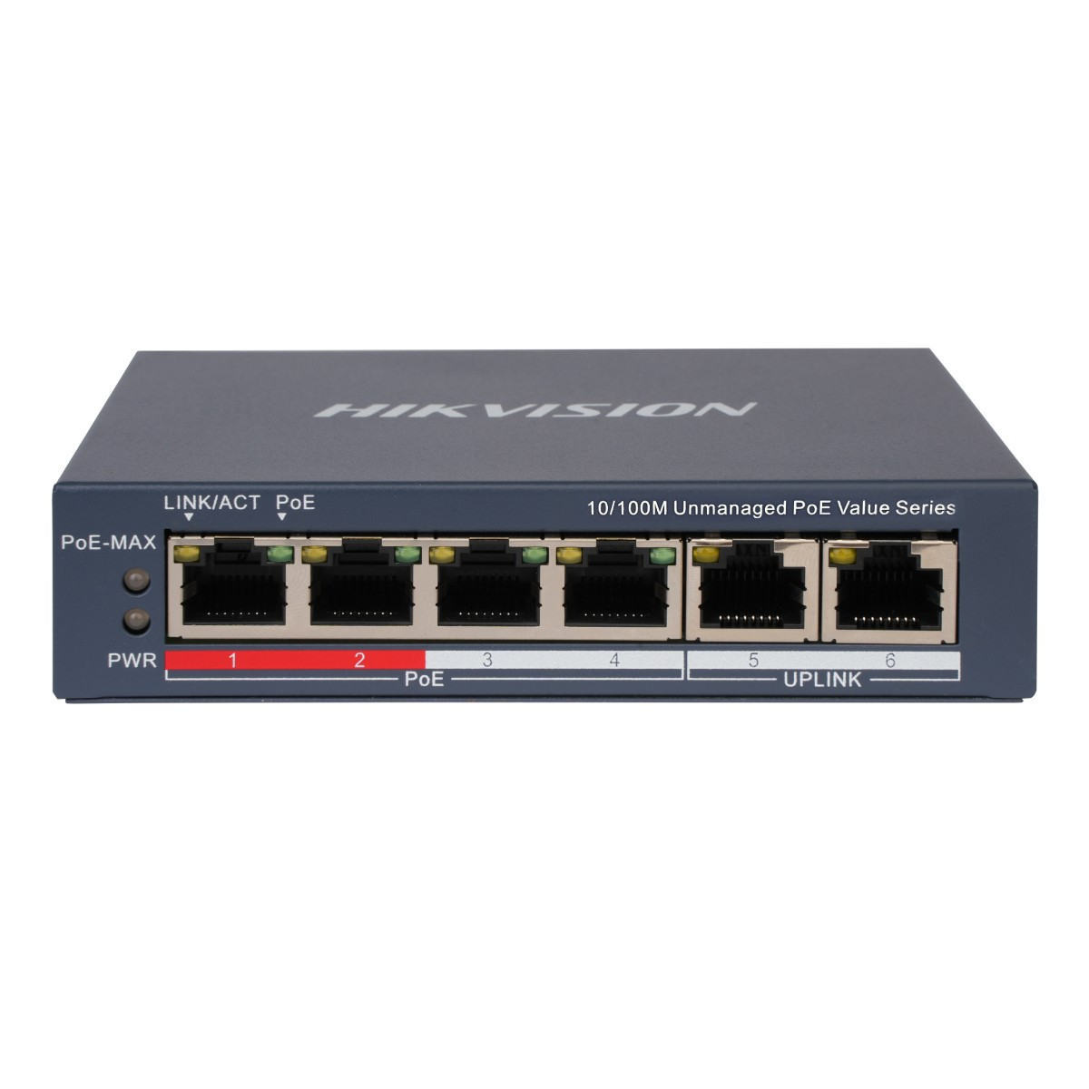 Uno switch di rete scuro con 6 porte, etichettato HIKVISION.