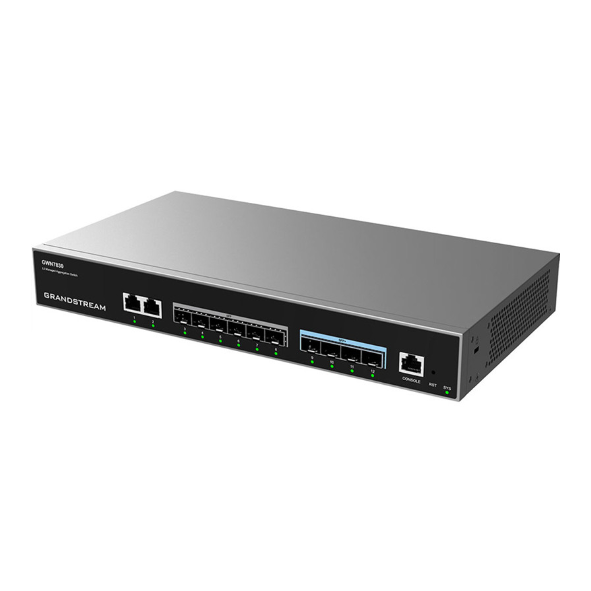 Uno switch di rete Grandstream GWN7830 argentato con più porte e luci di indicazione verdi.