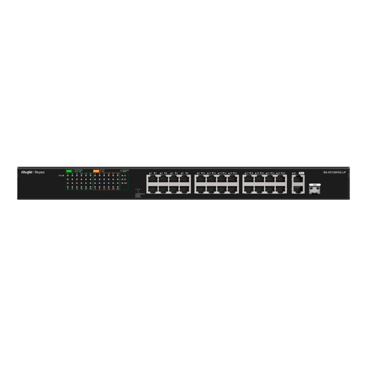 Gösterge LED'li 24 Ethernet bağlantı noktasına sahip siyah ağ anahtarı.