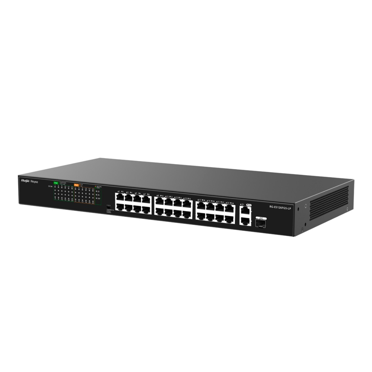 Ruijie logolu, 24 Ethernet portlu siyah ağ anahtarı.