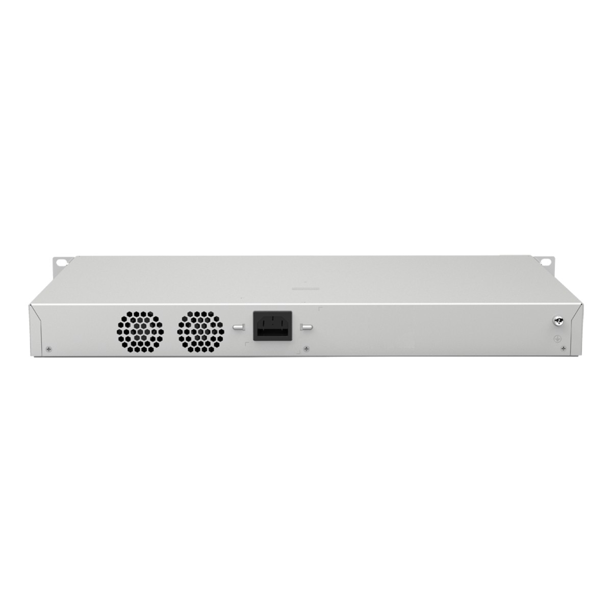 Dispositivo rack argentato con due ventole e un connettore di alimentazione.