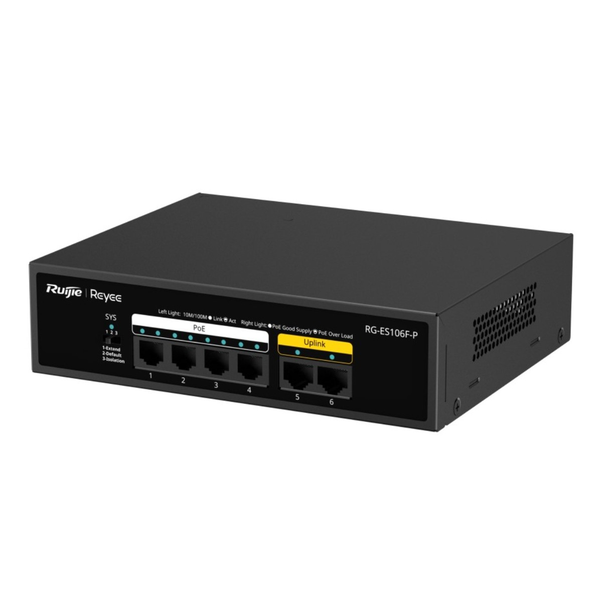 6 portlu, 4 PoE, 1 Uplink ve durum ışıklı siyah Ruijie Reyee RG-ES106F-P anahtar.