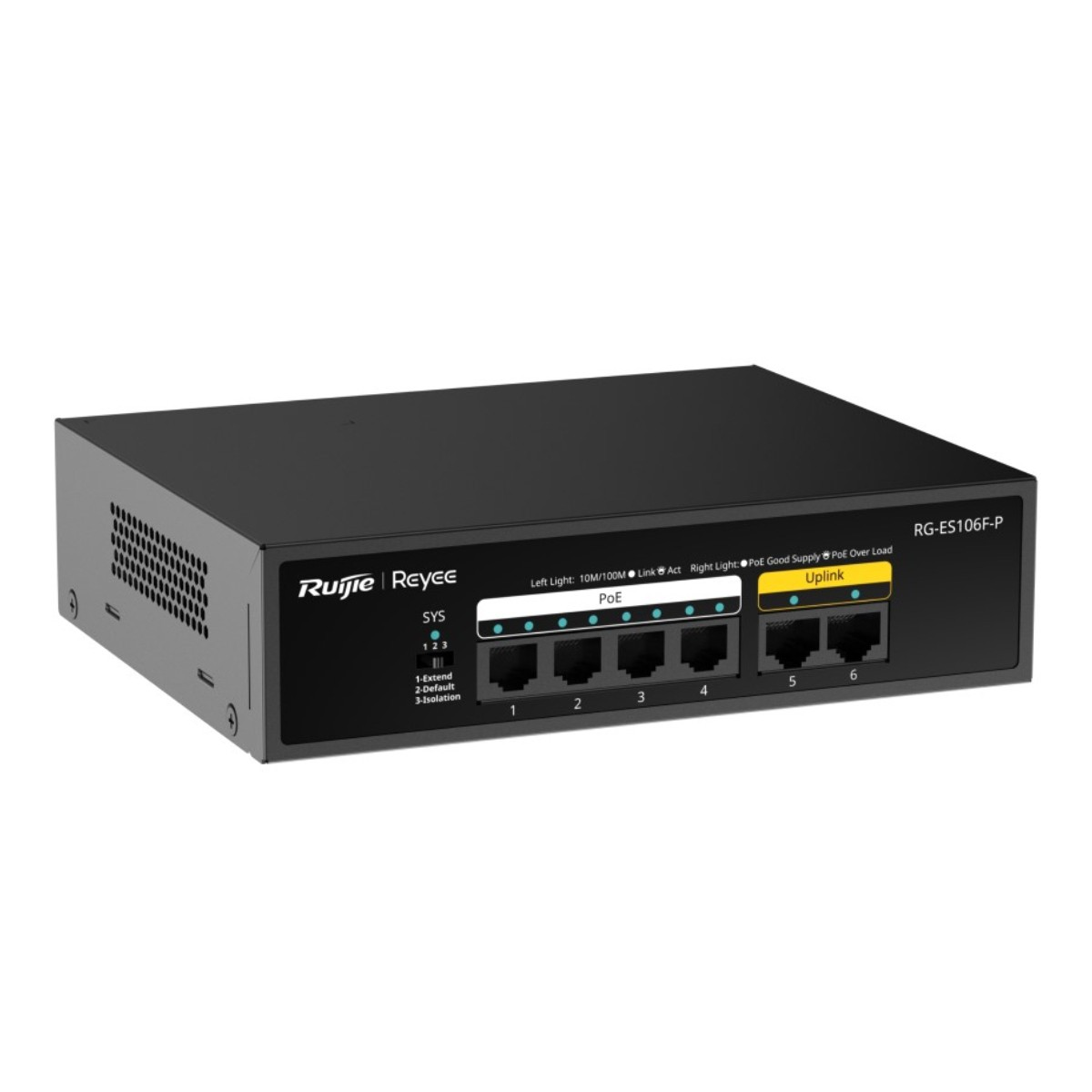 Siyah 6 portlu ağ anahtarı, Ruijie Reyee RG-ES106F-P.