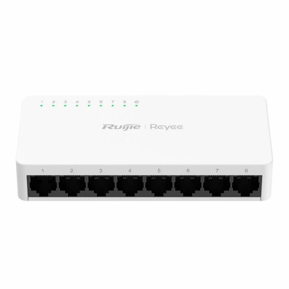 Uno switch bianco a 8 porte con porte e spie luminose.