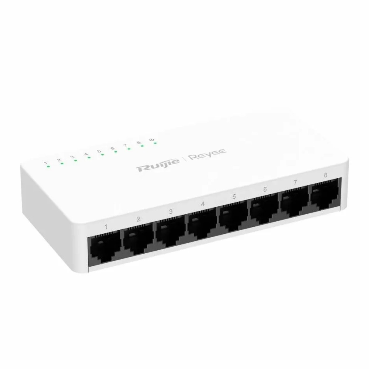 Uno switch Ethernet bianco a 8 porte con porte numerate e spie luminose.