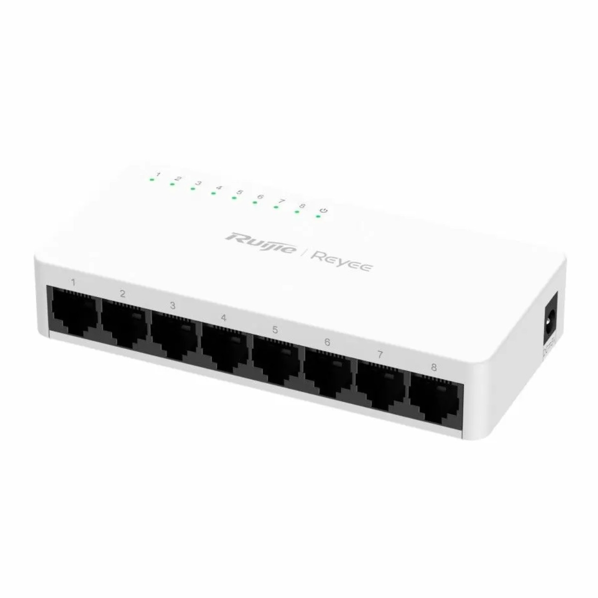 Uno switch di rete bianco a 8 porte con porte RJ45 etichettate 1-8.