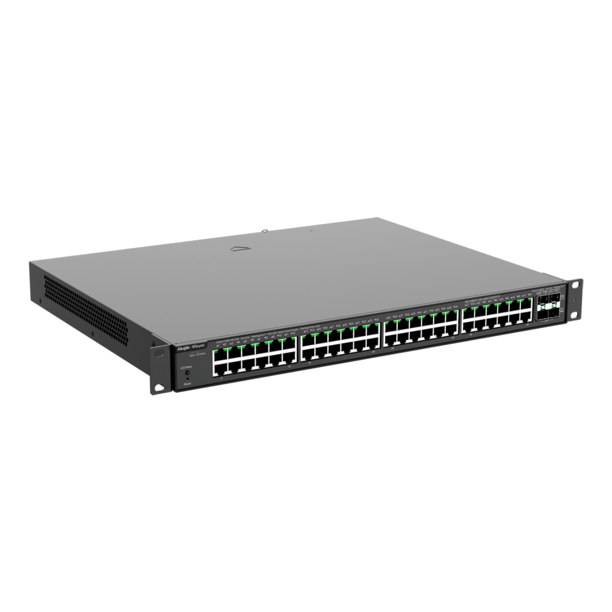 Çok sayıda Ethernet bağlantı noktası ve LED'i olan gri bir ağ anahtarı.
