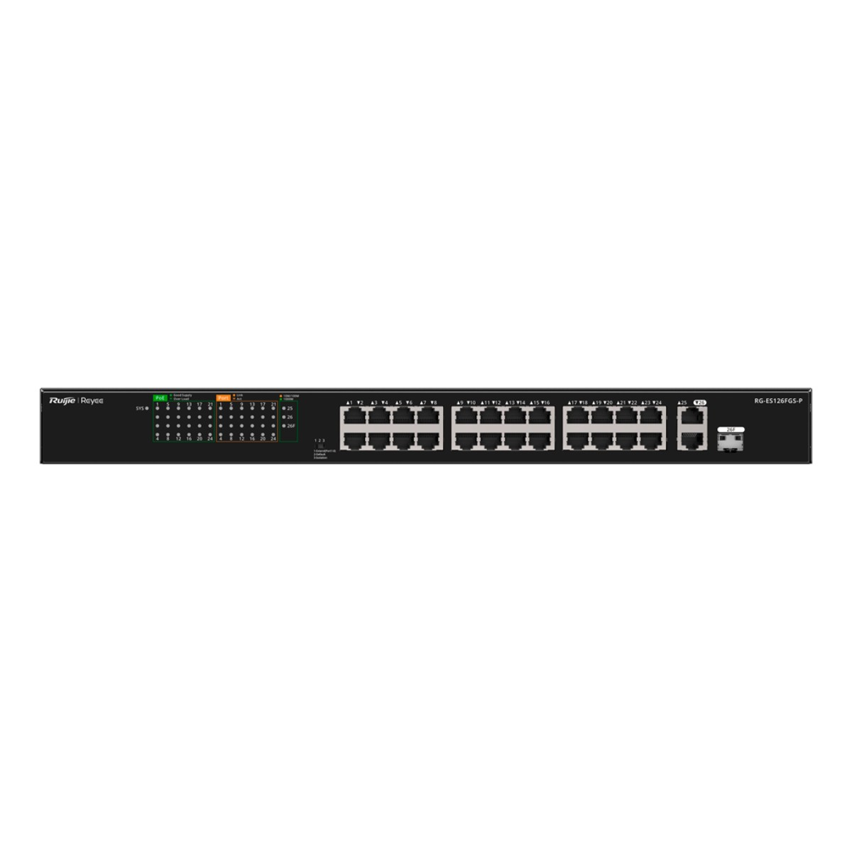 24 Ethernet bağlantı noktası ve iki SFP bağlantı noktasına sahip siyah ağ anahtarı.