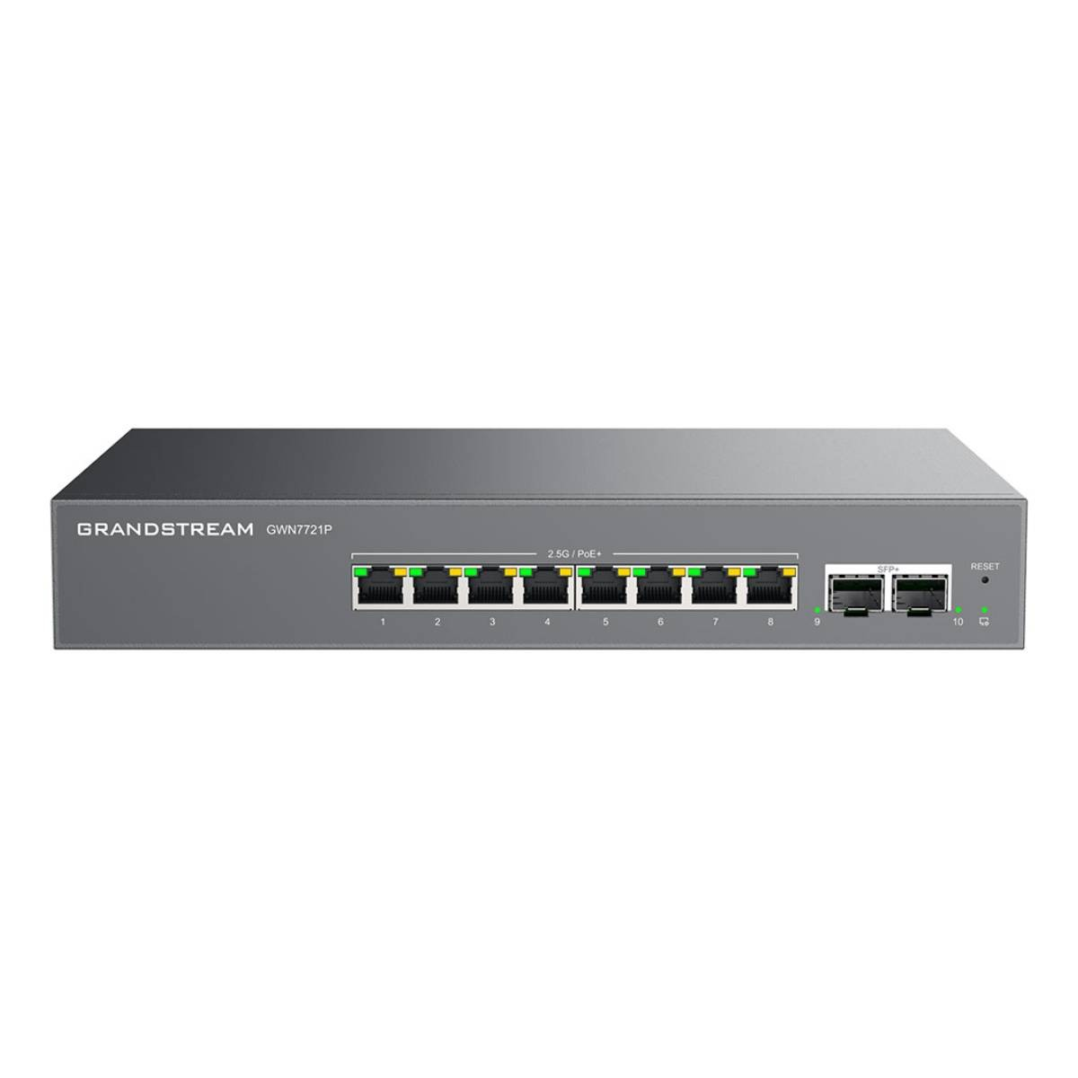 Uno switch di rete Grandstream GWN7721P grigio con 10 porte.