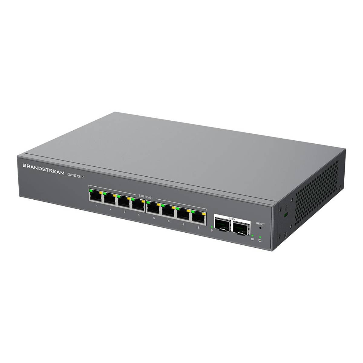 Switch di rete Grandstream GWN7721P grigio con 8 porte PoE e 2 porte uplink.