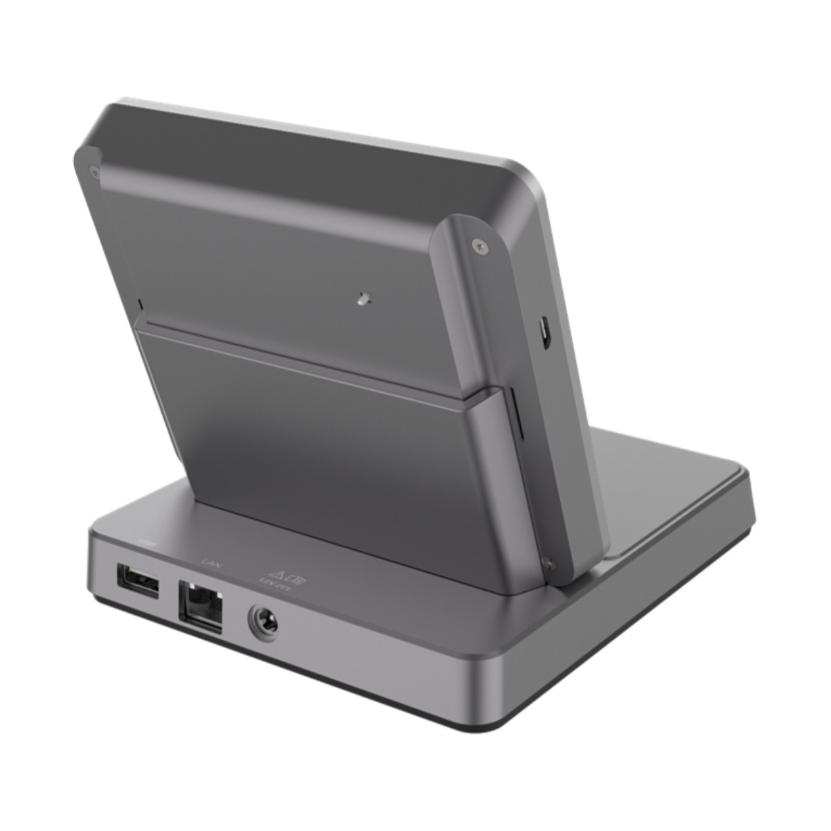 Docking station grigia con porte: USB, LAN, alimentazione. Su sfondo bianco.