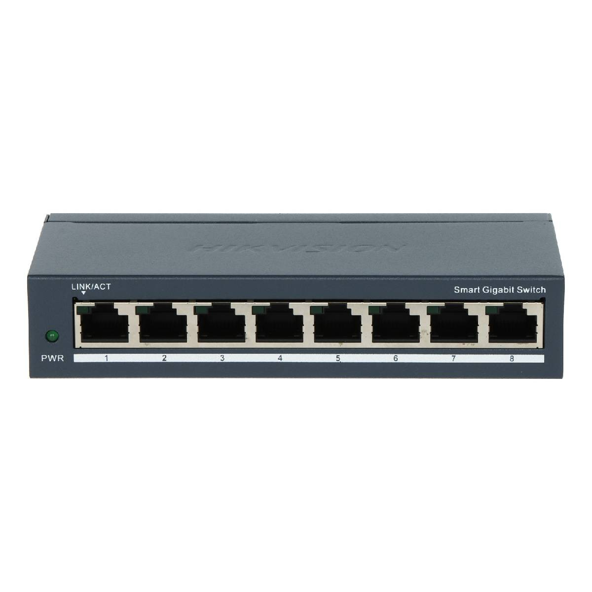 Uno switch Gigabit intelligente a 8 porte grigio scuro con porte numerate e spie di stato.