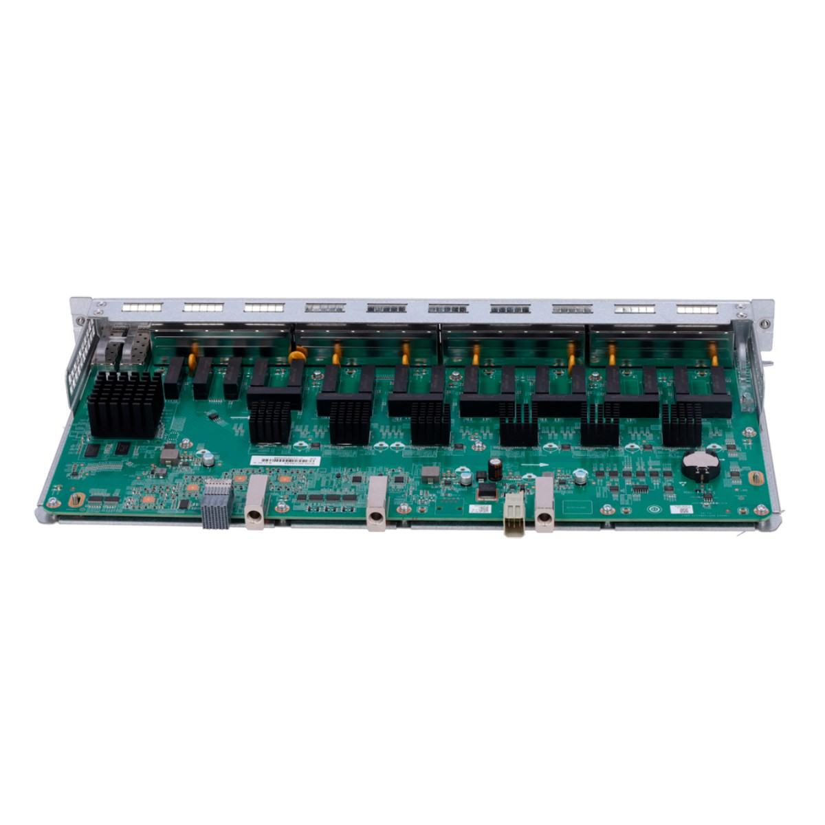 Una scheda madre verde per computer con più dissipatori neri e connettori.
