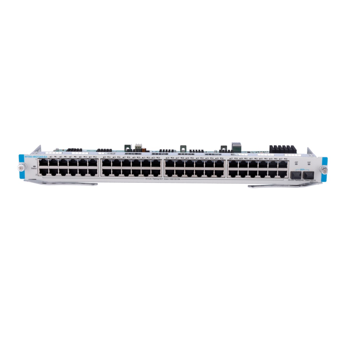 Uno switch di rete a 48 porte con pannello frontale blu, numerose porte Ethernet e prese d'aria.