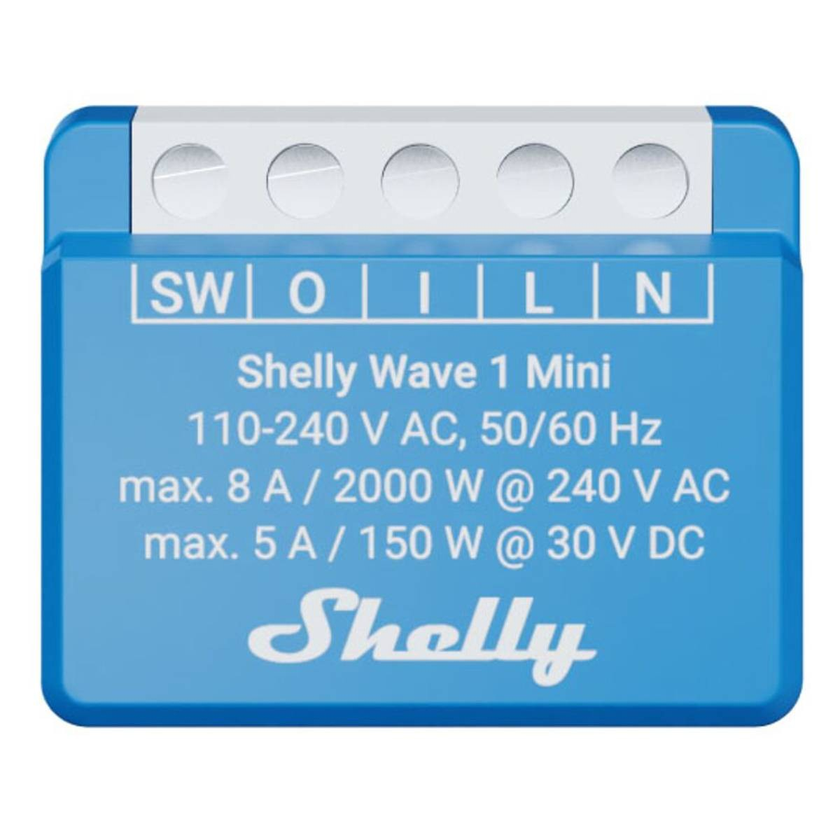 Dispositivo blu Shelly Wave 1 Mini con terminali di ingresso/uscita e specifiche.