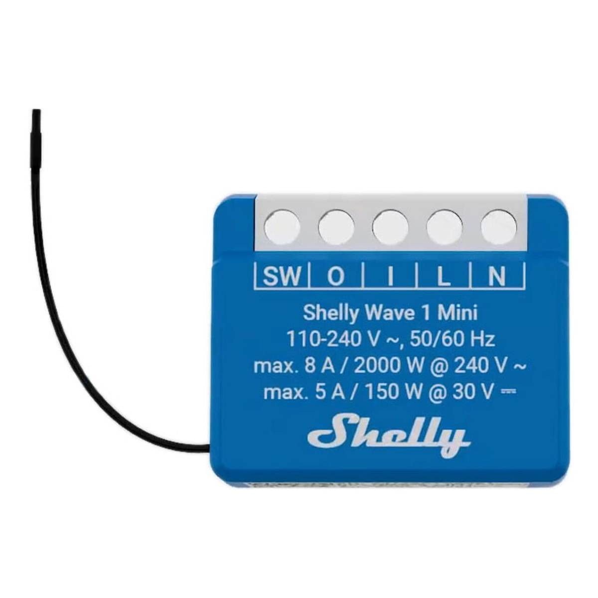 Dispositivo blu Shelly Wave 1 Mini con morsetti SW, O, I, L, N. Antenna a filo.