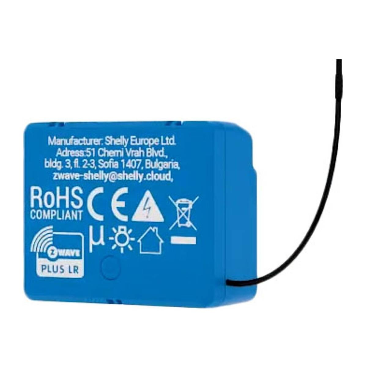 Dispositivo blu Shelly Z-Wave Plus LR con info produttore, RoHS, CE e icone.